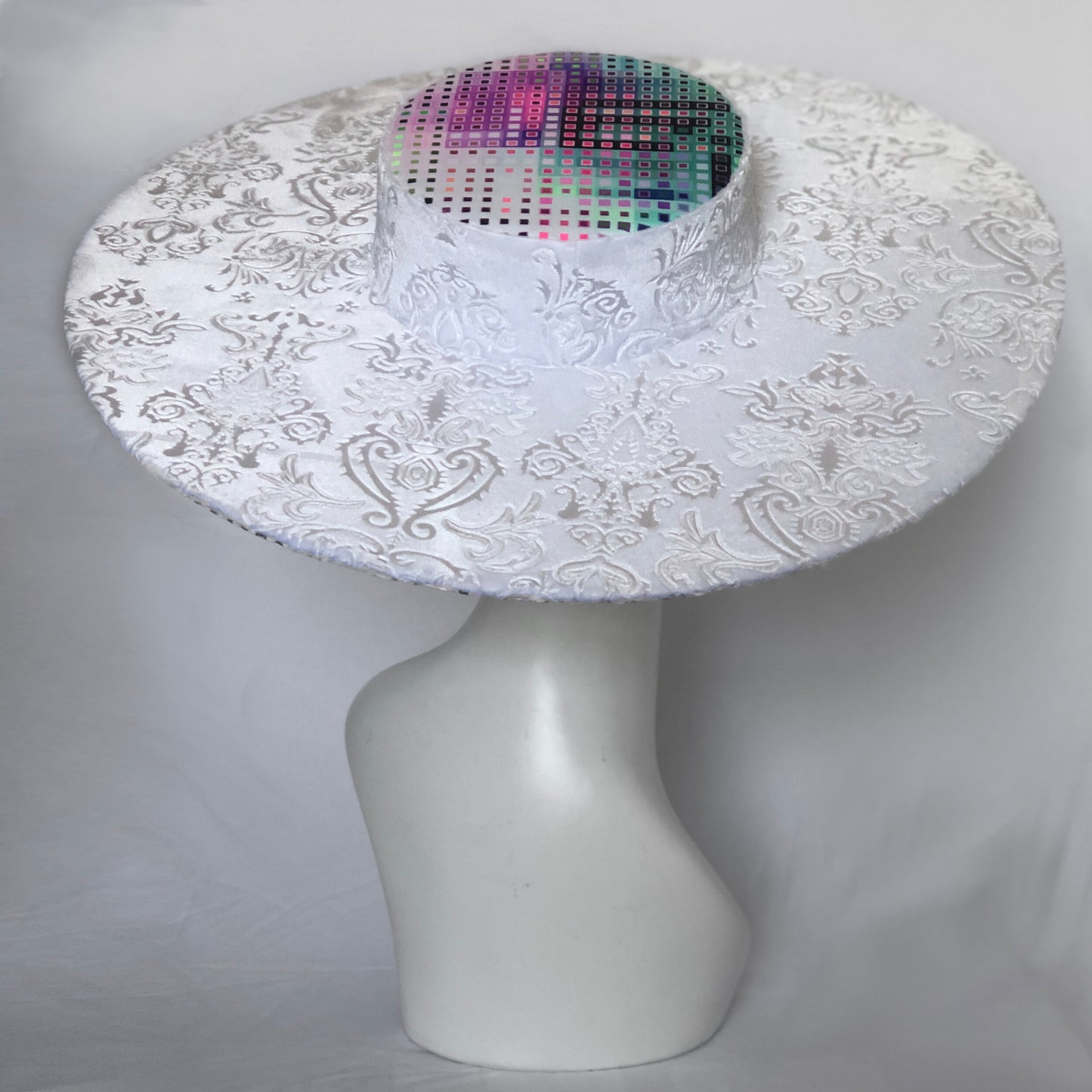 Elegant White Velvet Big Brim with Tetris Underbrim
