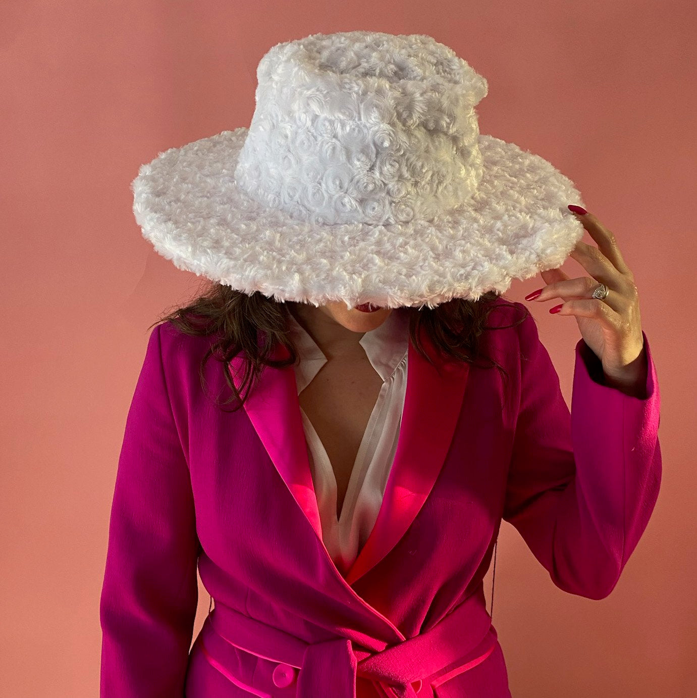 White Faux Fur Big Brim Bucket Hat