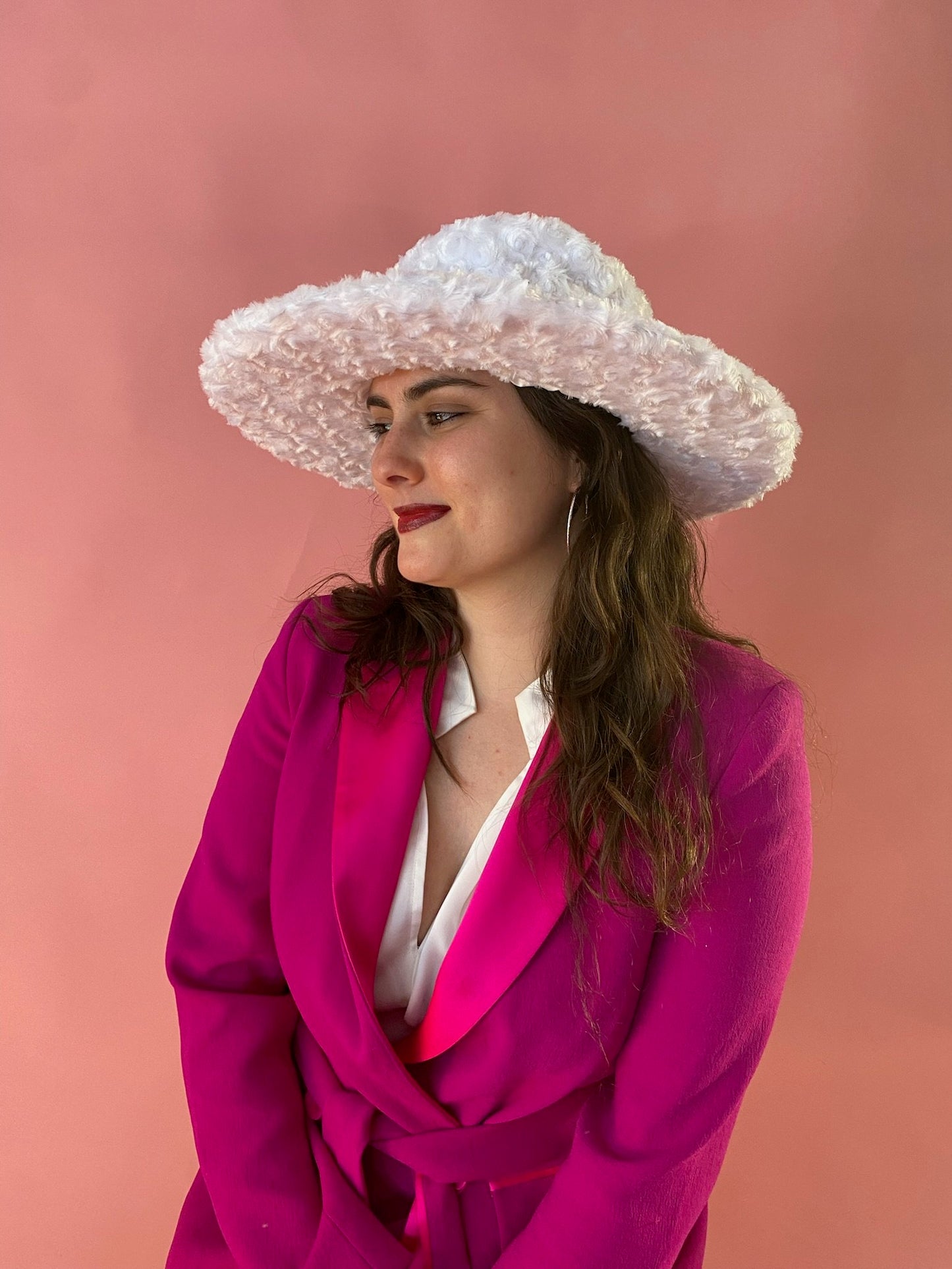 White Faux Fur Big Brim Bucket Hat