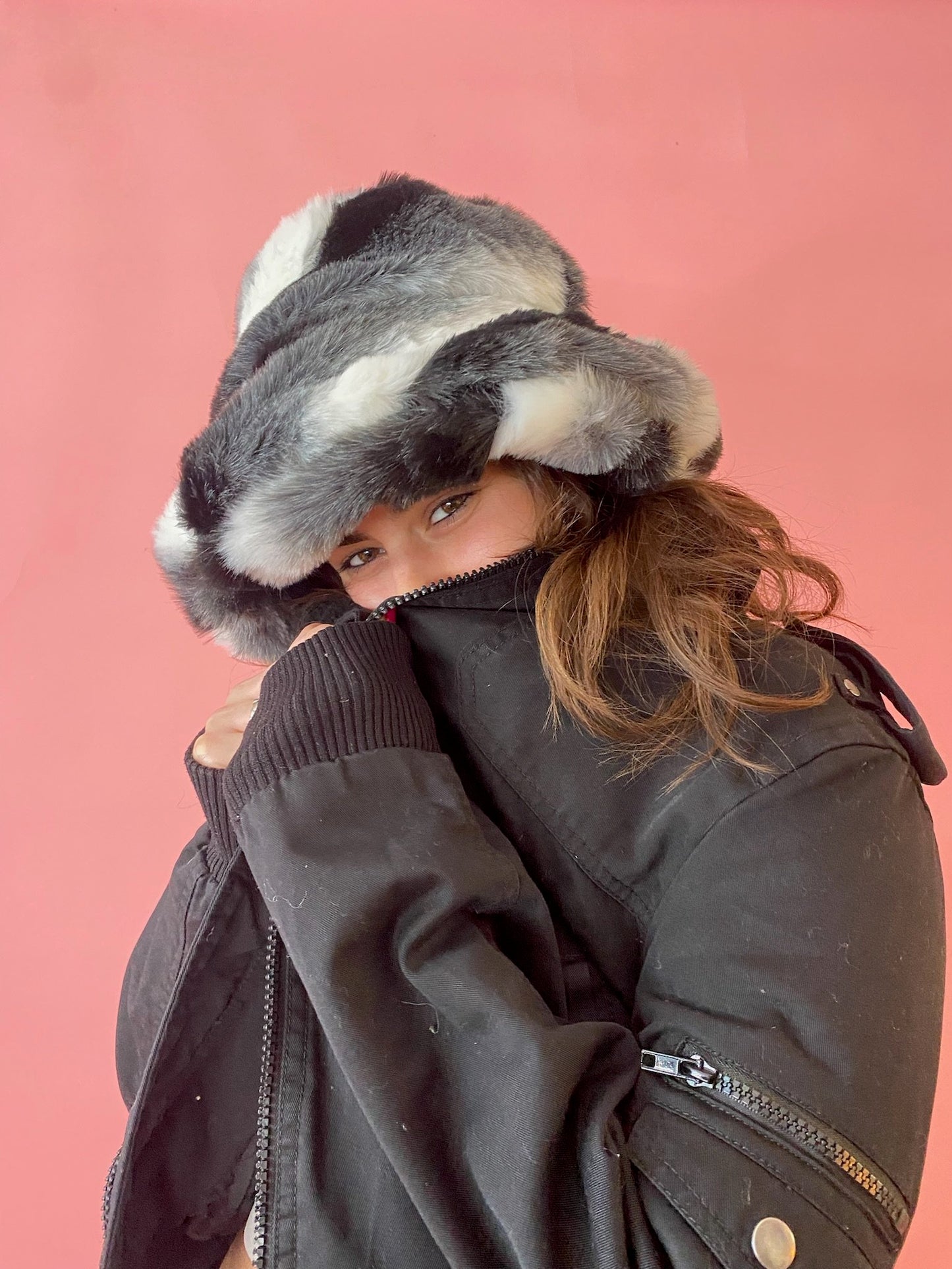 Grayscale Faux Fur Bucket Hat