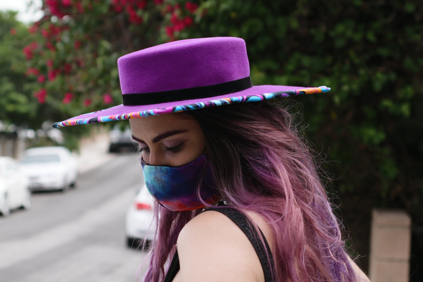 Purple Felt Square Hat with Trippy Underbrim